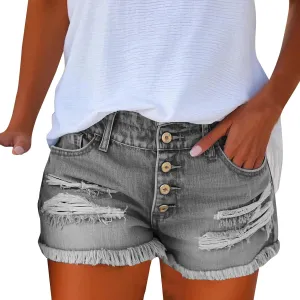 Denim Shorts Women Button Down Low Rise Petite Jeans Sexy Slim Fit Ripped Frayed Raw Hem Jean Shorts with Pockets