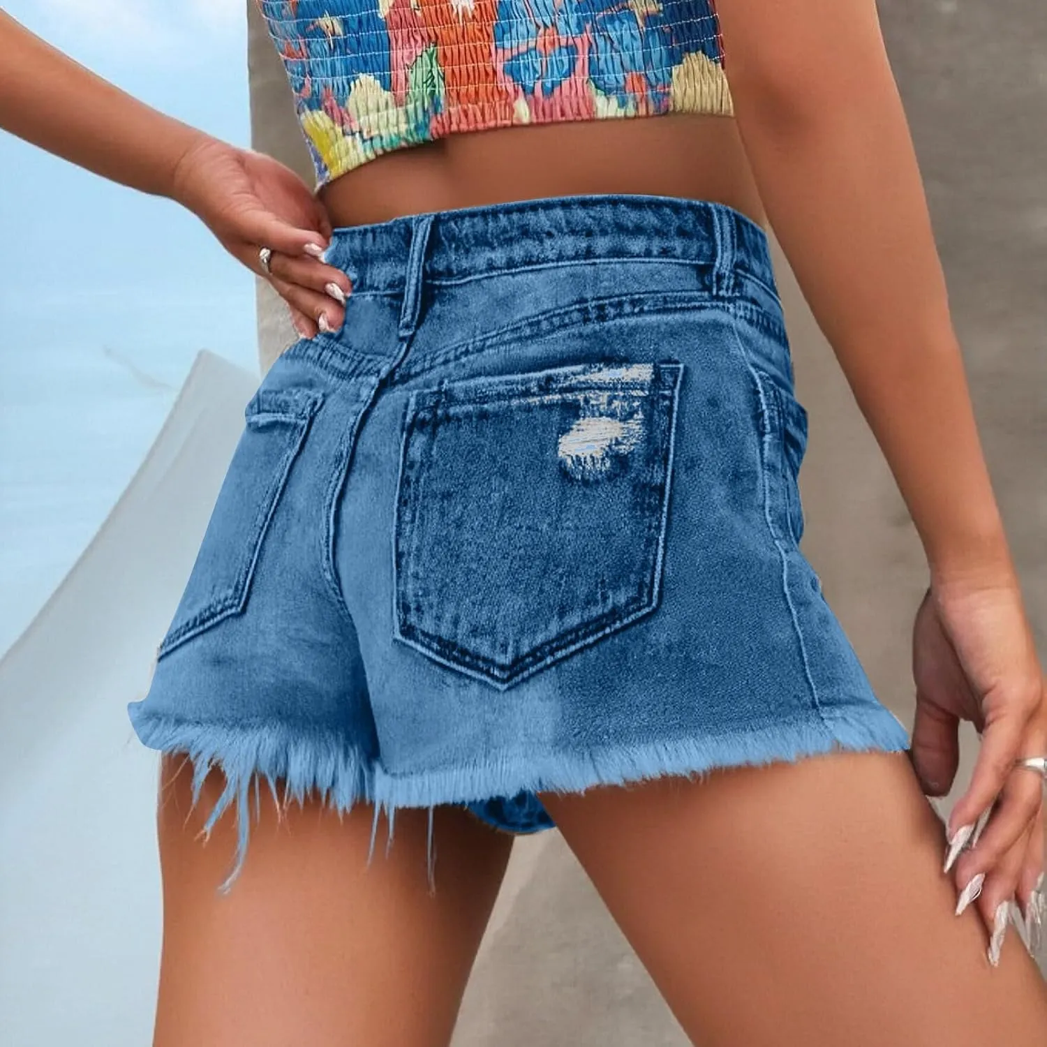 Denim Shorts Women Button Down Low Rise Petite Jeans Sexy Slim Fit Ripped Frayed Raw Hem Jean Shorts with Pockets