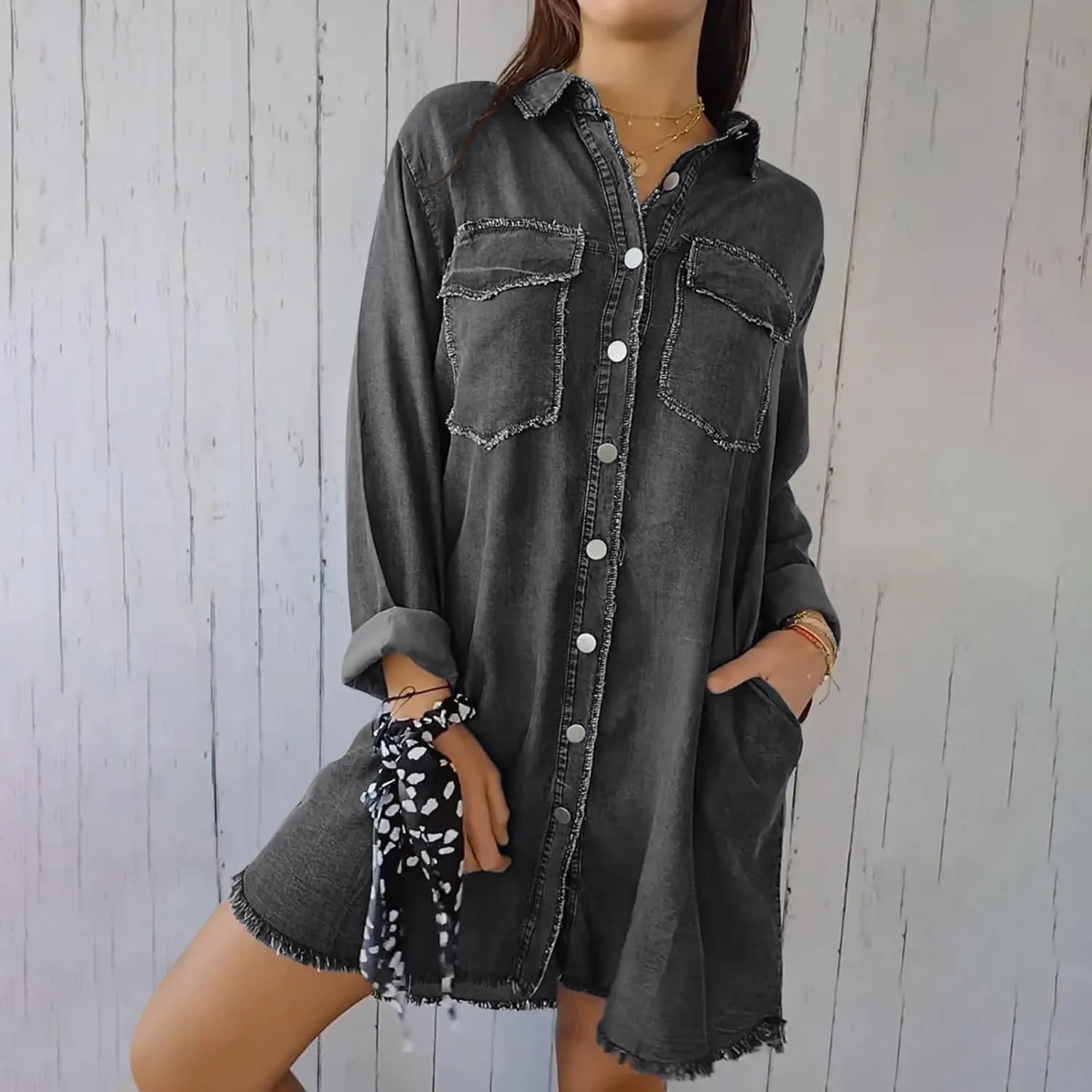 Denim Trench Coat Women Classic Long Jean Jacket Plus Size Long Sleeve Button Down Open Front Cardigan Denim Jacket