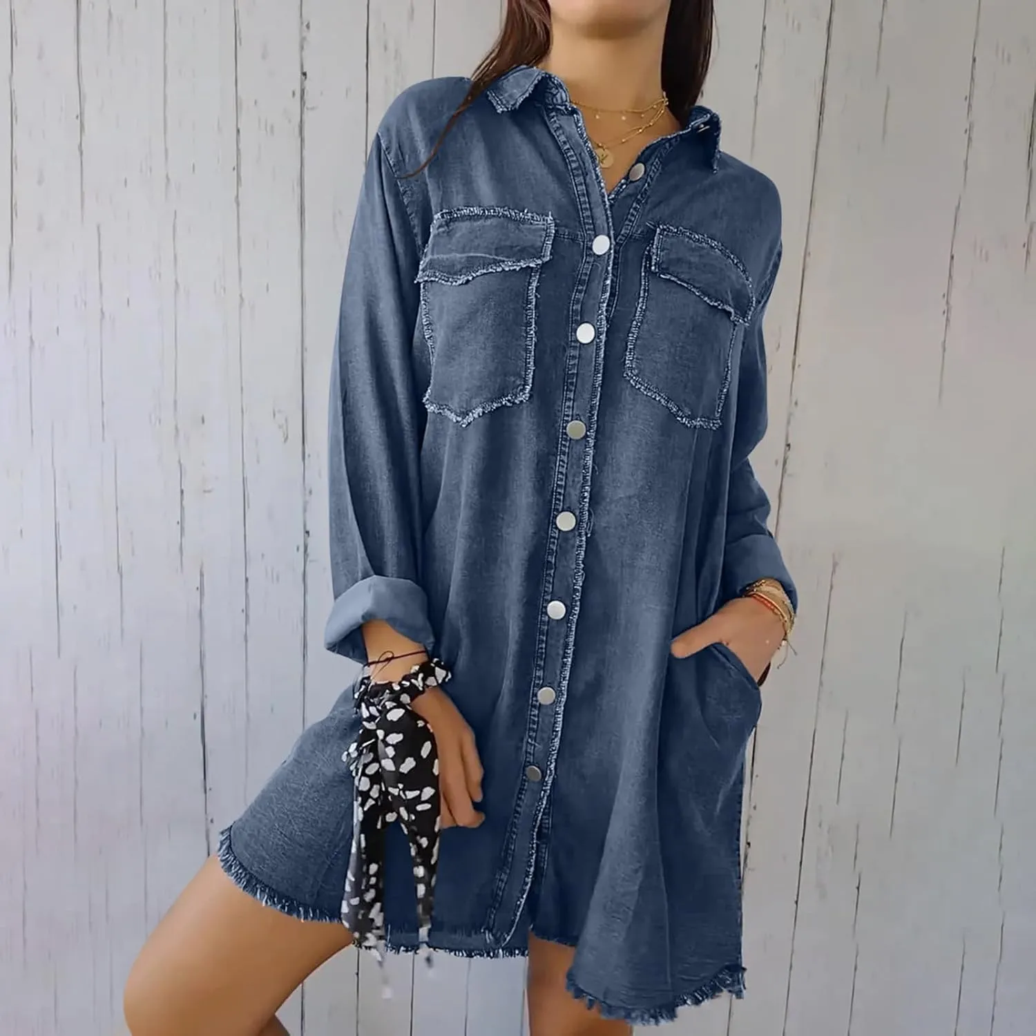 Denim Trench Coat Women Classic Long Jean Jacket Plus Size Long Sleeve Button Down Open Front Cardigan Denim Jacket