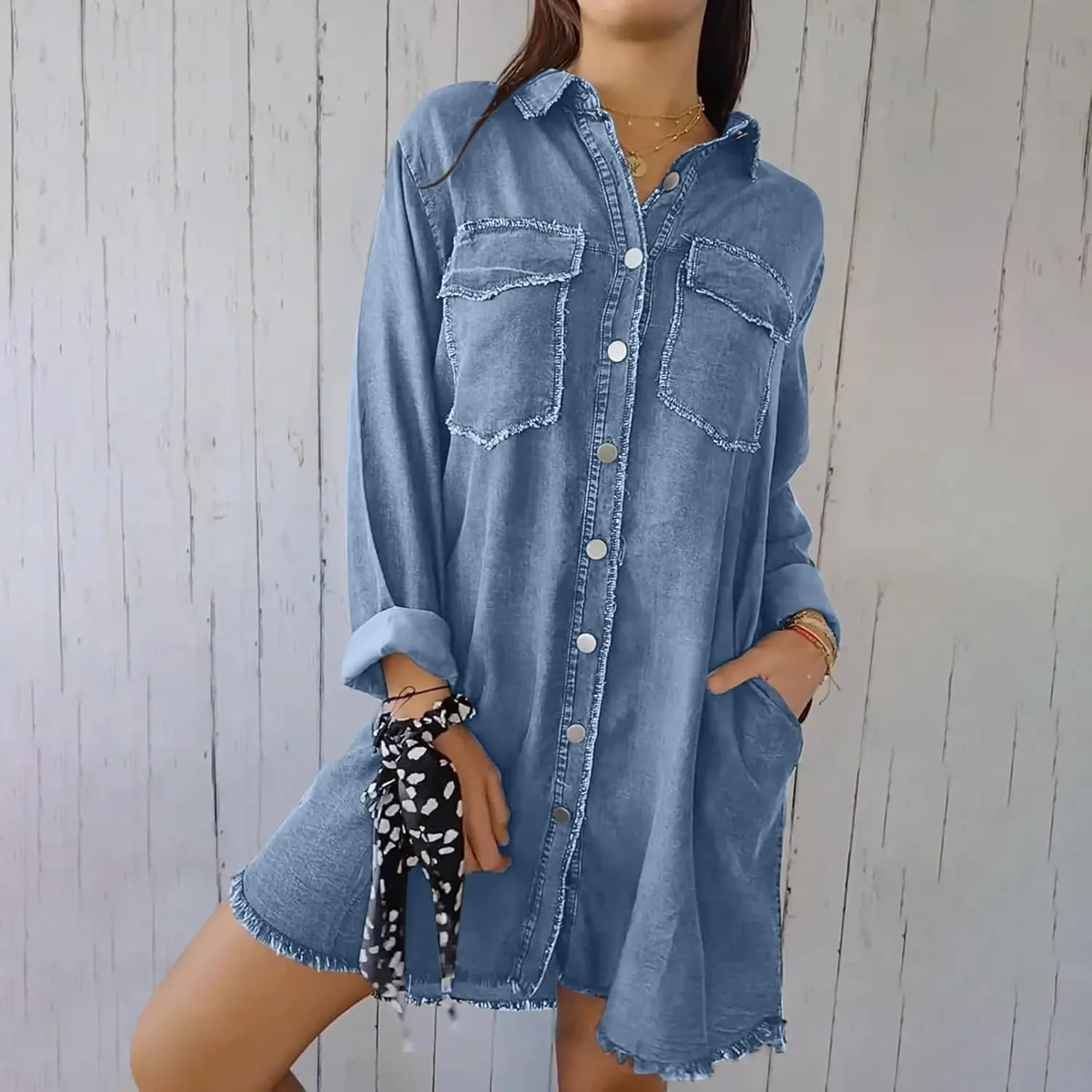 Denim Trench Coat Women Classic Long Jean Jacket Plus Size Long Sleeve Button Down Open Front Cardigan Denim Jacket