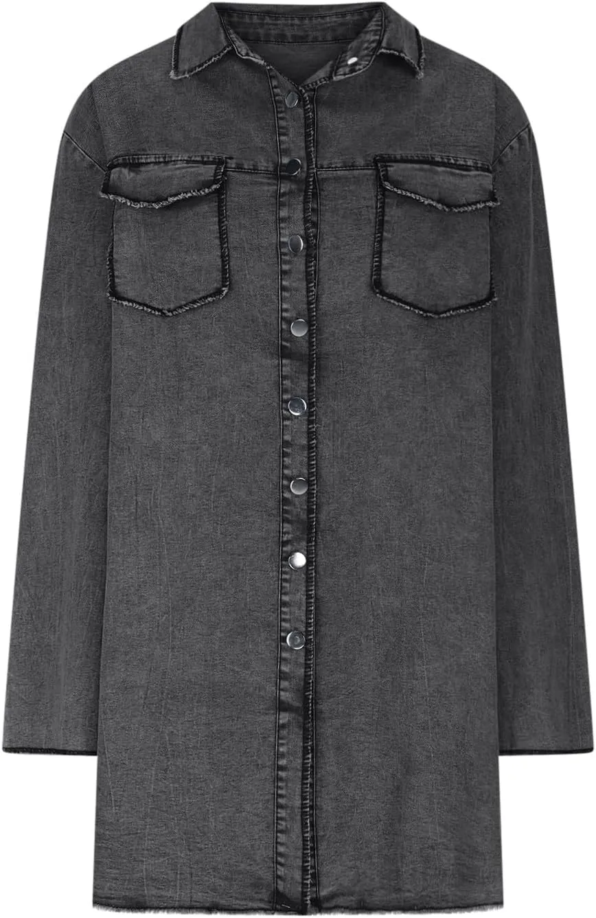 Denim Trench Coat Women Classic Long Jean Jacket Plus Size Long Sleeve Button Down Open Front Cardigan Denim Jacket