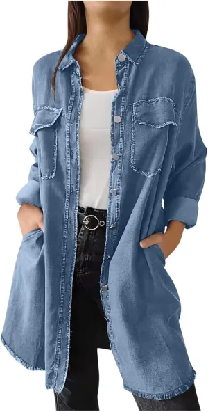 Denim Trench Coat Women Classic Long Jean Jacket Plus Size Long Sleeve Button Down Open Front Cardigan Denim Jacket