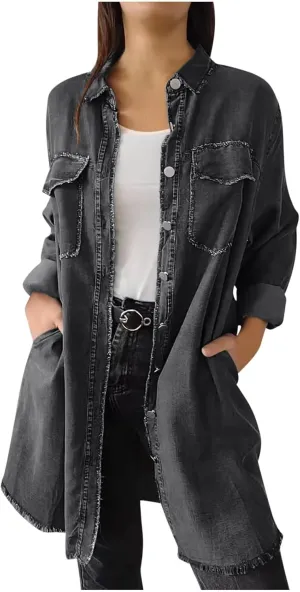 Denim Trench Coat Women Classic Long Jean Jacket Plus Size Long Sleeve Button Down Open Front Cardigan Denim Jacket