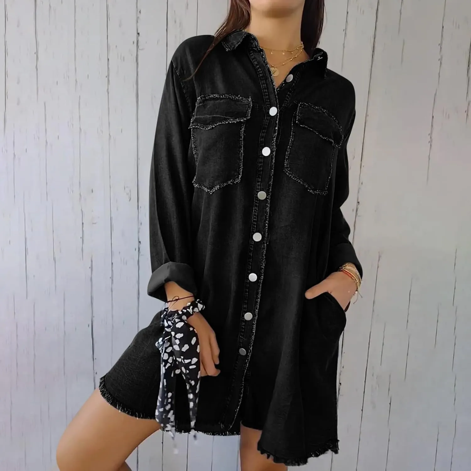 Denim Trench Coat Women Classic Long Jean Jacket Plus Size Long Sleeve Button Down Open Front Cardigan Denim Jacket