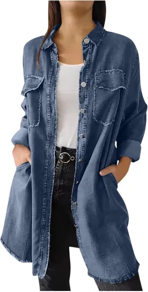 Denim Trench Coat Women Classic Long Jean Jacket Plus Size Long Sleeve Button Down Open Front Cardigan Denim Jacket