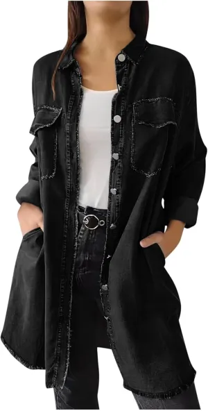 Denim Trench Coat Women Classic Long Jean Jacket Plus Size Long Sleeve Button Down Open Front Cardigan Denim Jacket