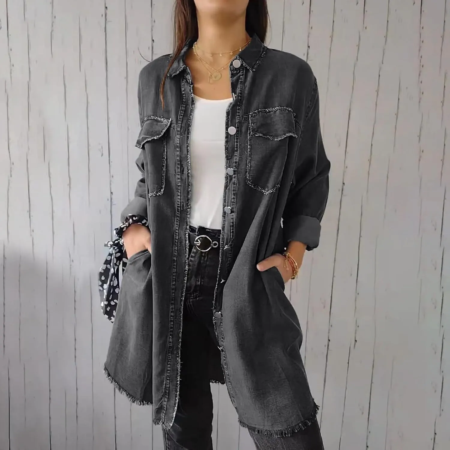 Denim Trench Coat Women Classic Long Jean Jacket Plus Size Long Sleeve Button Down Open Front Cardigan Denim Jacket