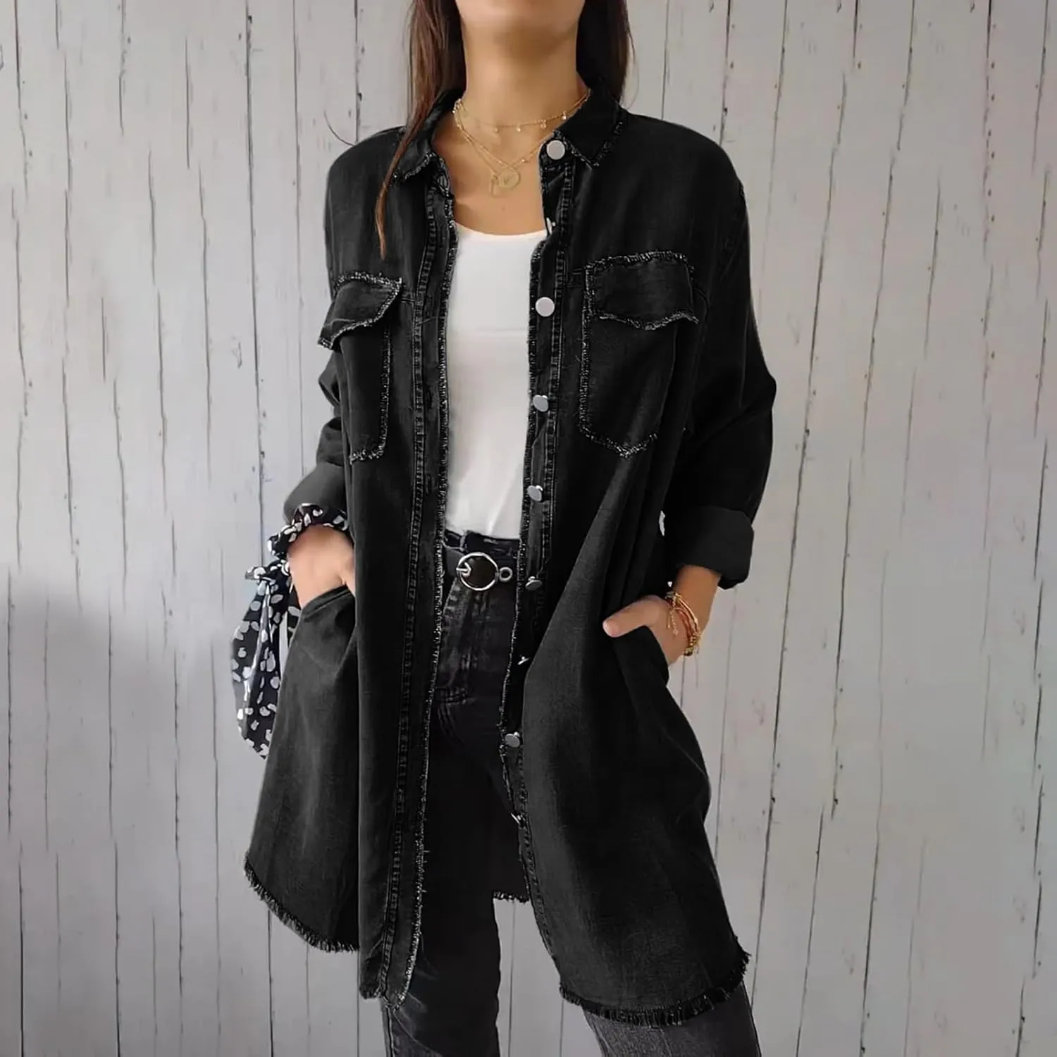 Denim Trench Coat Women Classic Long Jean Jacket Plus Size Long Sleeve Button Down Open Front Cardigan Denim Jacket