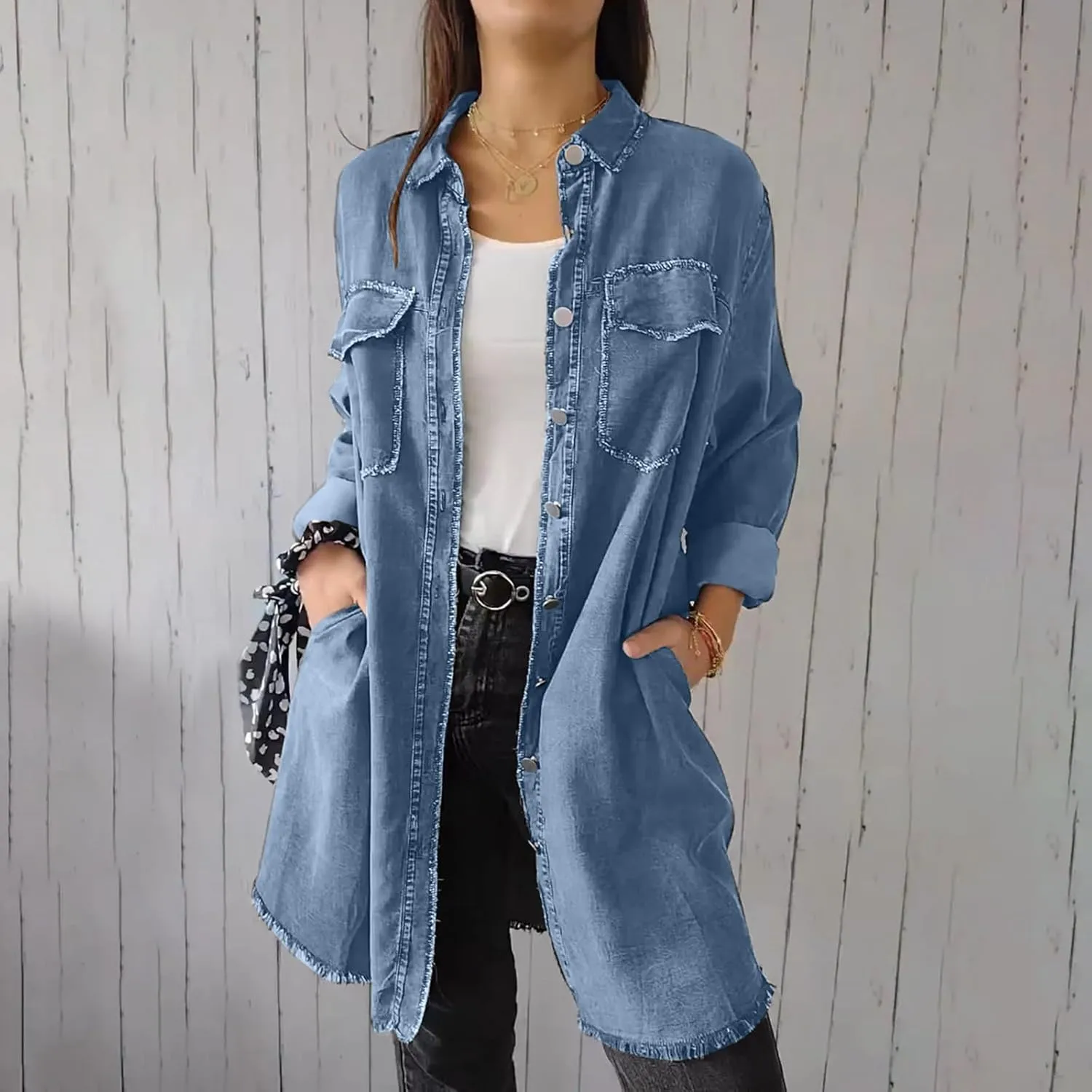 Denim Trench Coat Women Classic Long Jean Jacket Plus Size Long Sleeve Button Down Open Front Cardigan Denim Jacket