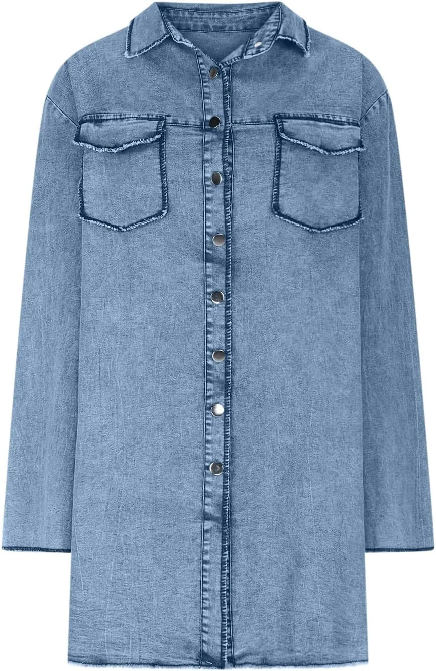 Denim Trench Coat Women Classic Long Jean Jacket Plus Size Long Sleeve Button Down Open Front Cardigan Denim Jacket