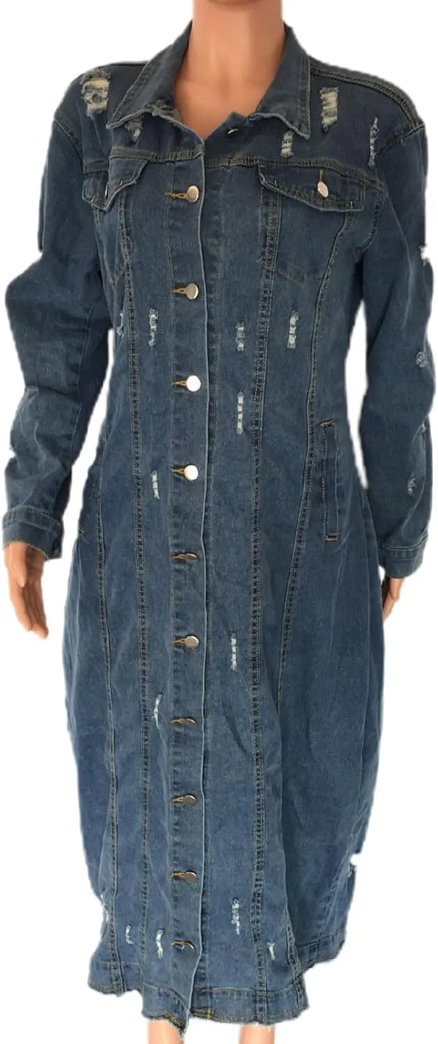 Denim Trench Coat Women Long Jean Jacket Plus Size Fashion Oversized Denim Jacket Casual Button Down Outerwear 2023