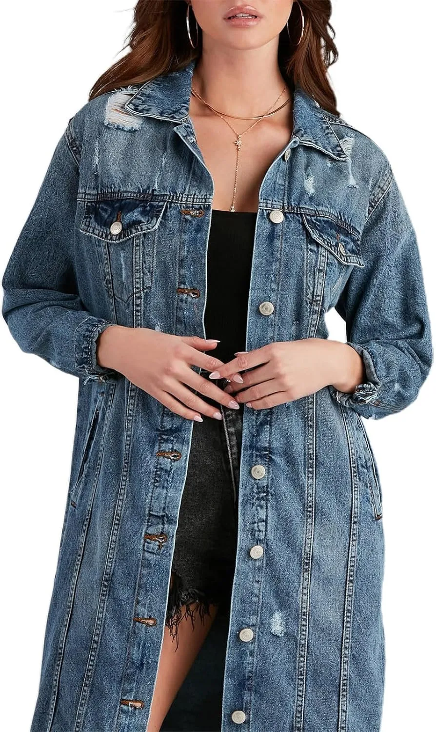 Denim Trench Coat Women Long Jean Jacket Plus Size Fashion Oversized Denim Jacket Casual Button Down Outerwear 2023