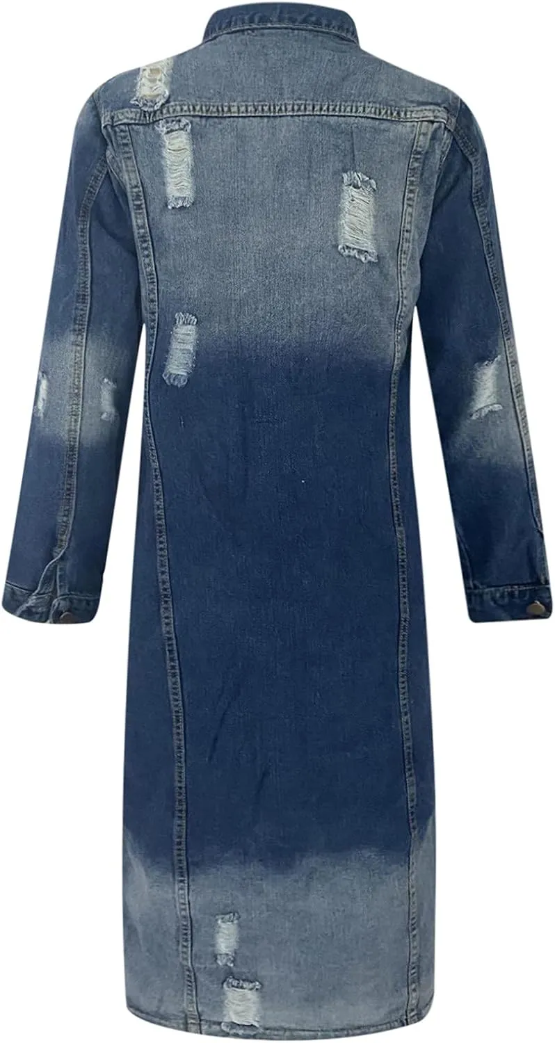 Denim Trench Coat Women Long Jean Jacket Plus Size Fashion Oversized Denim Jacket Casual Button Down Outerwear 2023