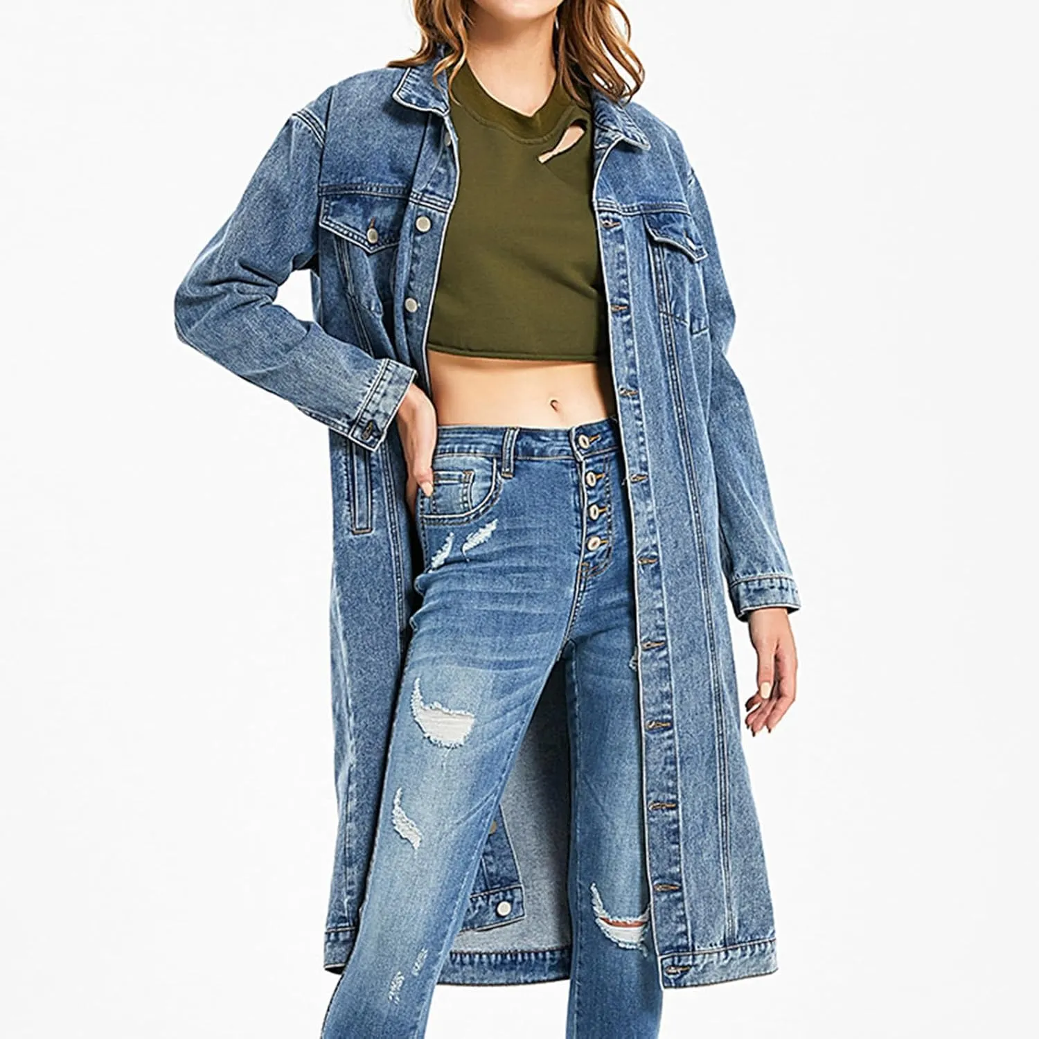 Denim Trench Coat Women Long Jean Jacket Plus Size Fashion Oversized Denim Jacket Casual Button Down Outerwear 2023