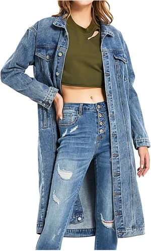 Denim Trench Coat Women Long Jean Jacket Plus Size Fashion Oversized Denim Jacket Casual Button Down Outerwear 2023