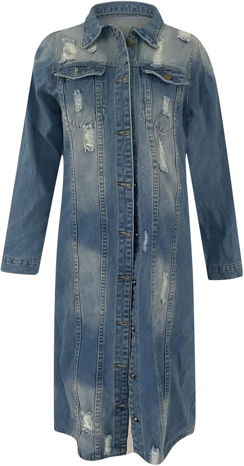 Denim Trench Coat Women Long Jean Jacket Plus Size Fashion Oversized Denim Jacket Casual Button Down Outerwear 2023