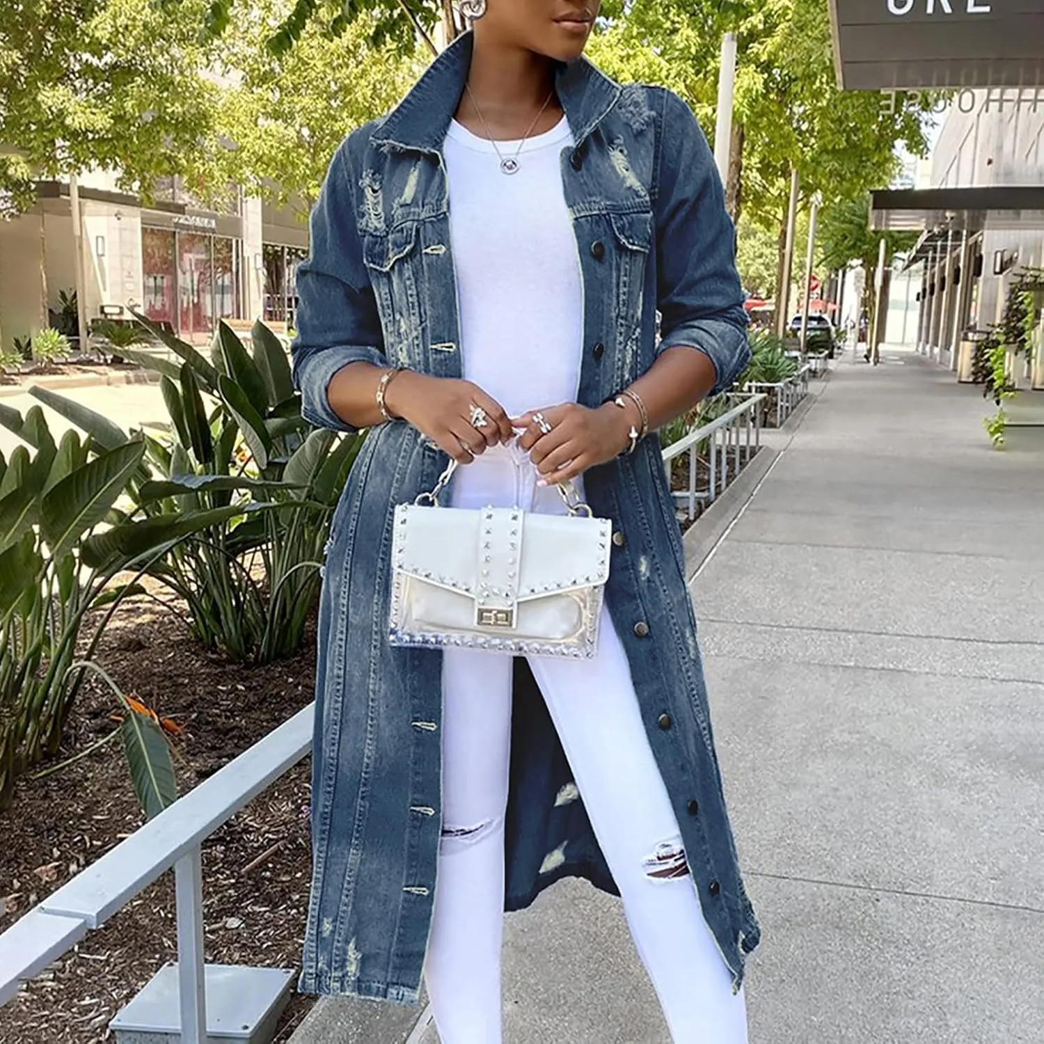Denim Trench Coat Women Long Jean Jacket Plus Size Fashion Oversized Denim Jacket Casual Button Down Outerwear 2023