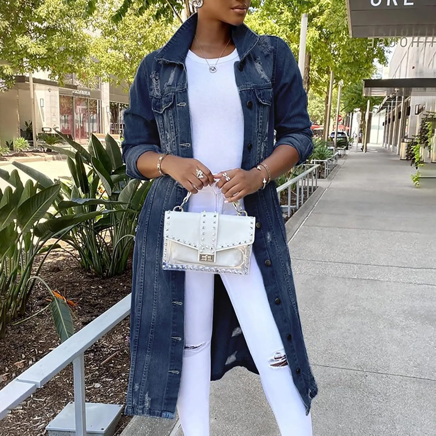 Denim Trench Coat Women Long Jean Jacket Plus Size Fashion Oversized Denim Jacket Casual Button Down Outerwear 2023