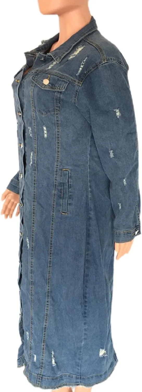 Denim Trench Coat Women Long Jean Jacket Plus Size Fashion Oversized Denim Jacket Casual Button Down Outerwear 2023