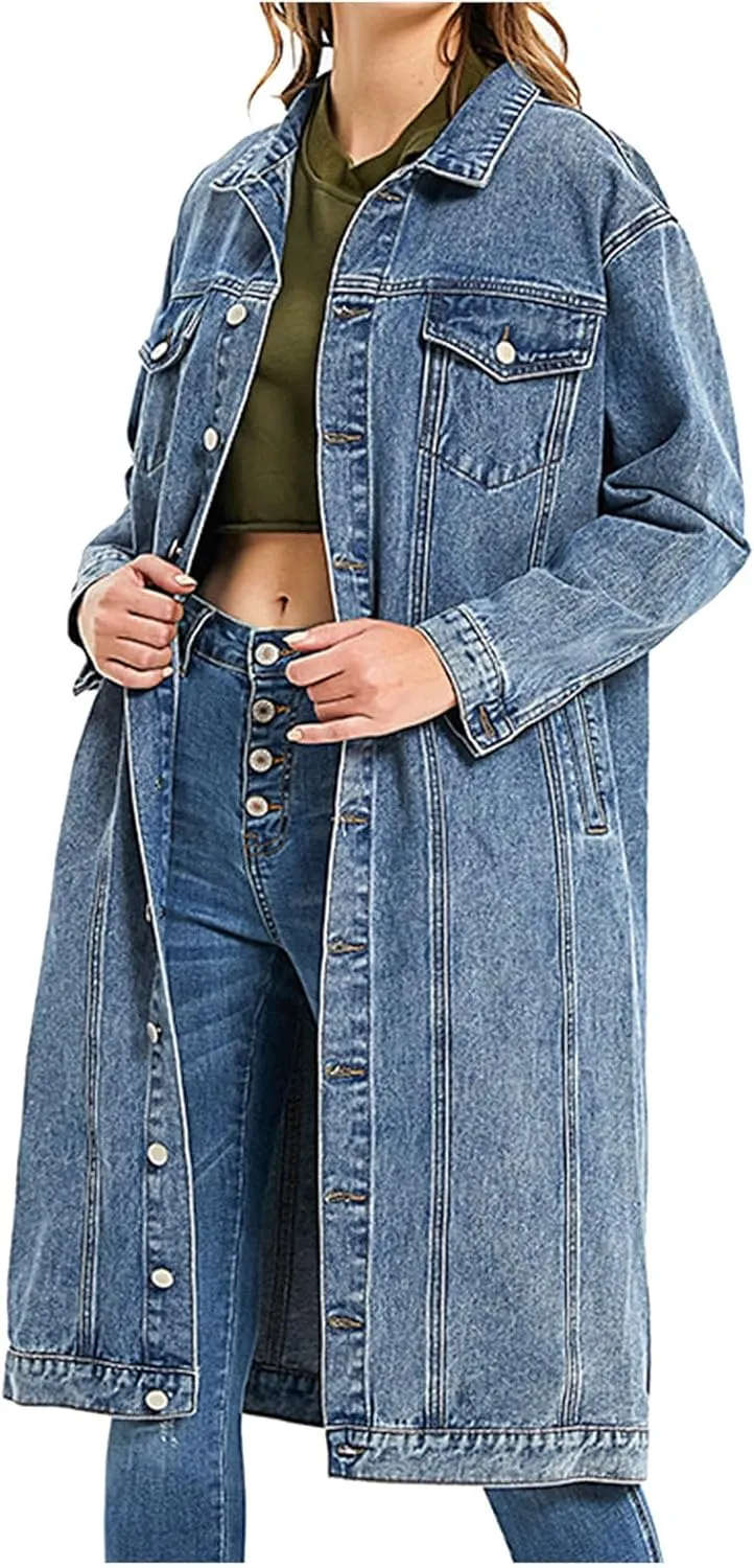 Denim Trench Coat Women Long Jean Jacket Plus Size Fashion Oversized Denim Jacket Casual Button Down Outerwear 2023