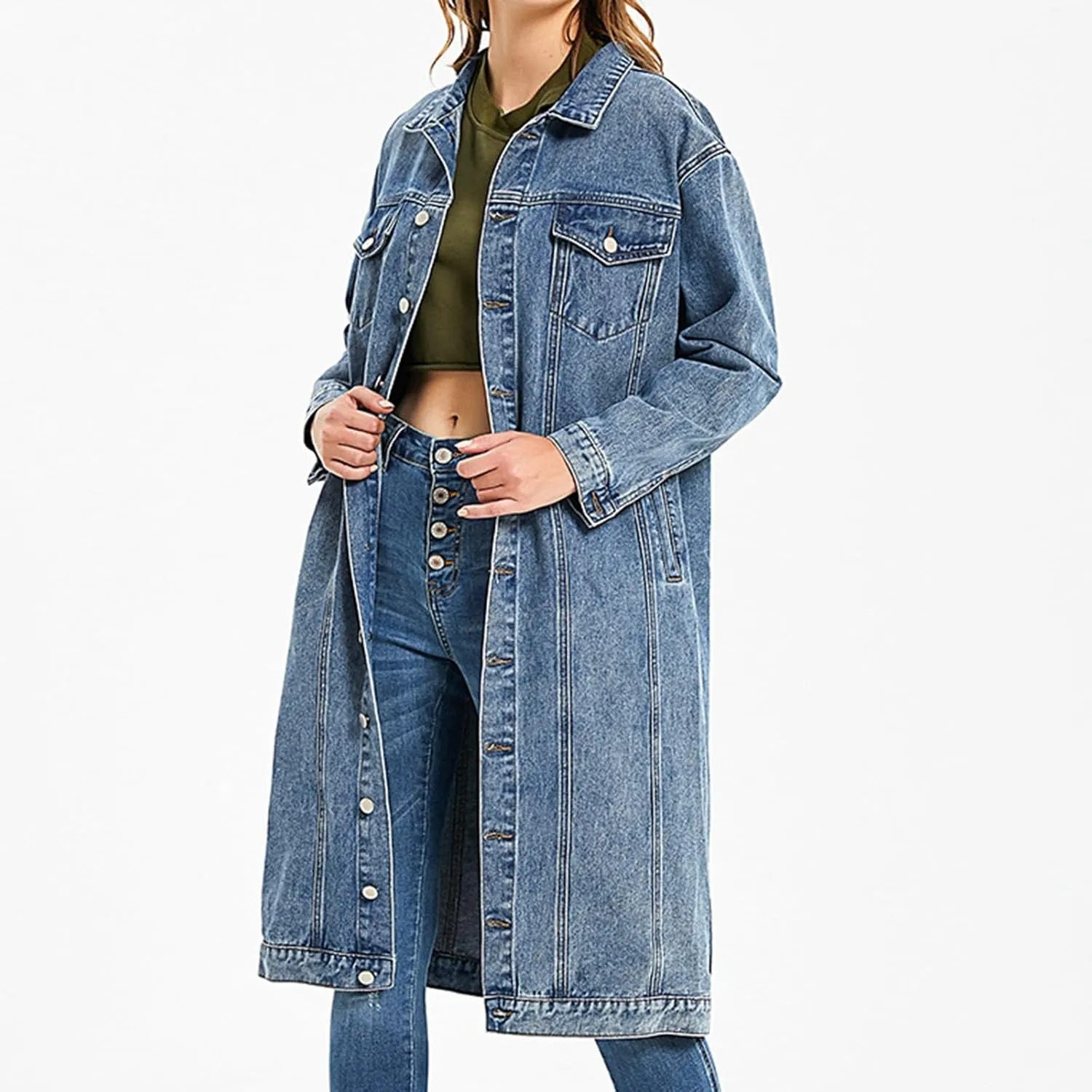 Denim Trench Coat Women Long Jean Jacket Plus Size Fashion Oversized Denim Jacket Casual Button Down Outerwear 2023