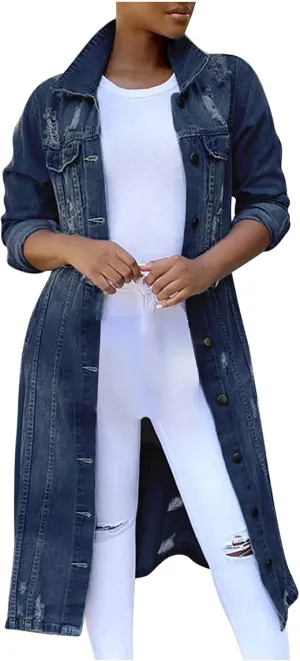 Denim Trench Coat Women Long Jean Jacket Plus Size Fashion Oversized Denim Jacket Casual Button Down Outerwear 2023