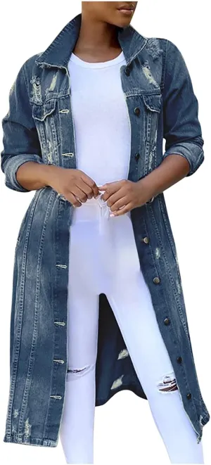 Denim Trench Coat Women Long Jean Jacket Plus Size Fashion Oversized Denim Jacket Casual Button Down Outerwear 2023