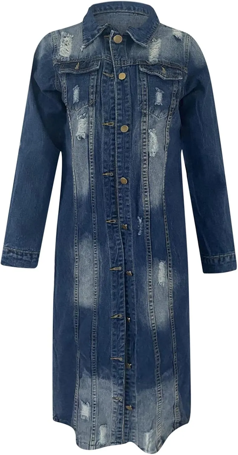 Denim Trench Coat Women Long Jean Jacket Plus Size Fashion Oversized Denim Jacket Casual Button Down Outerwear 2023