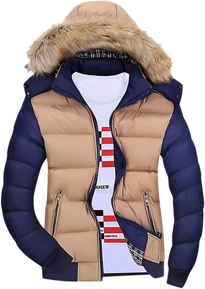 Dgoopd Men's Winter Puffer Jacket with Fur Hood Lightweight Padded Jacket Waterproof Bubble Coat Ski Parka Warm Quilted Coat