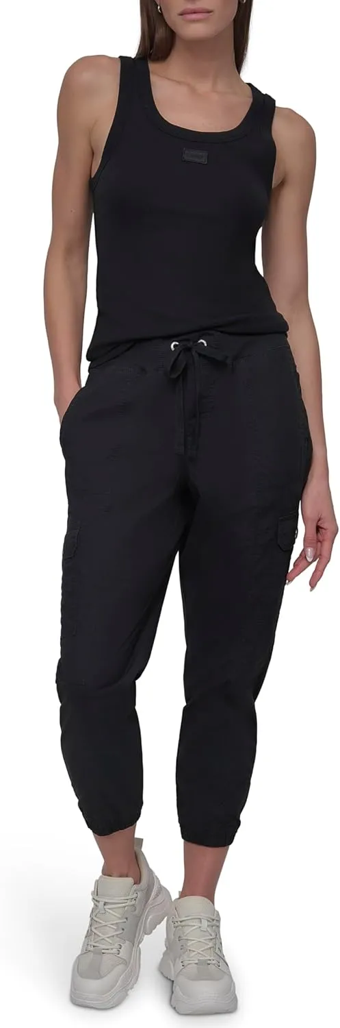 DKNY womens Twill Drawcord Rib Waistband Cargo Jogger