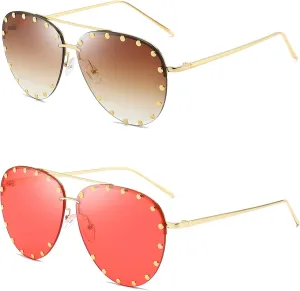 Dollger Studded Sunglasses for Women Fashion Studded Aviator Sunglasses Metal Frame UV 400