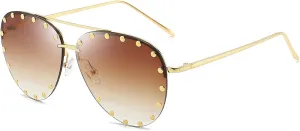 Dollger Studded Sunglasses for Women Fashion Studded Aviator Sunglasses Metal Frame UV 400