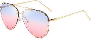 Dollger Studded Sunglasses for Women Fashion Studded Aviator Sunglasses Metal Frame UV 400