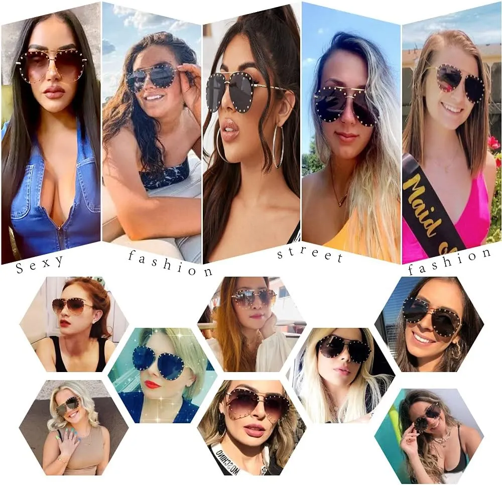 Dollger Studded Sunglasses for Women Fashion Studded Aviator Sunglasses Metal Frame UV 400