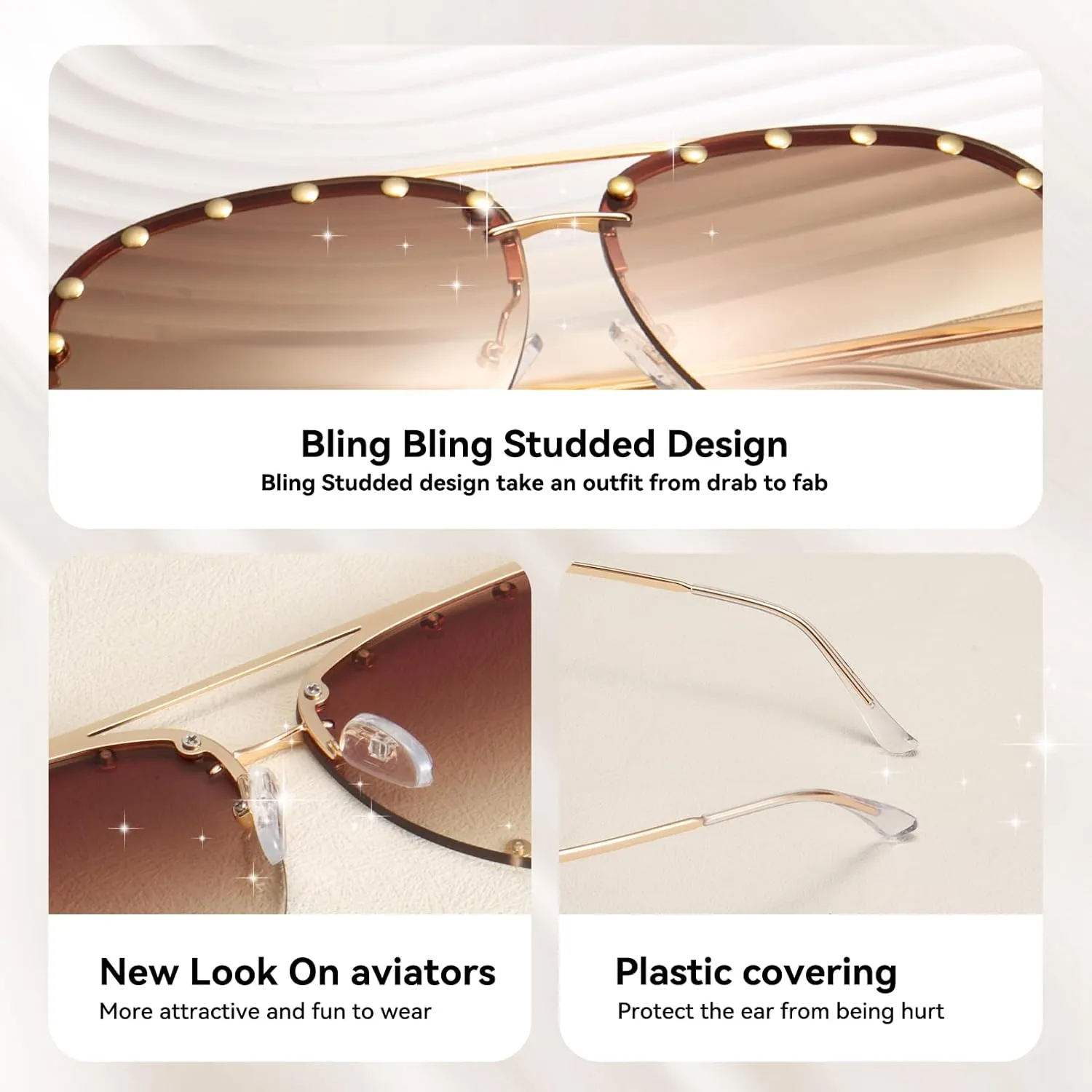 Dollger Studded Sunglasses for Women Fashion Studded Aviator Sunglasses Metal Frame UV 400