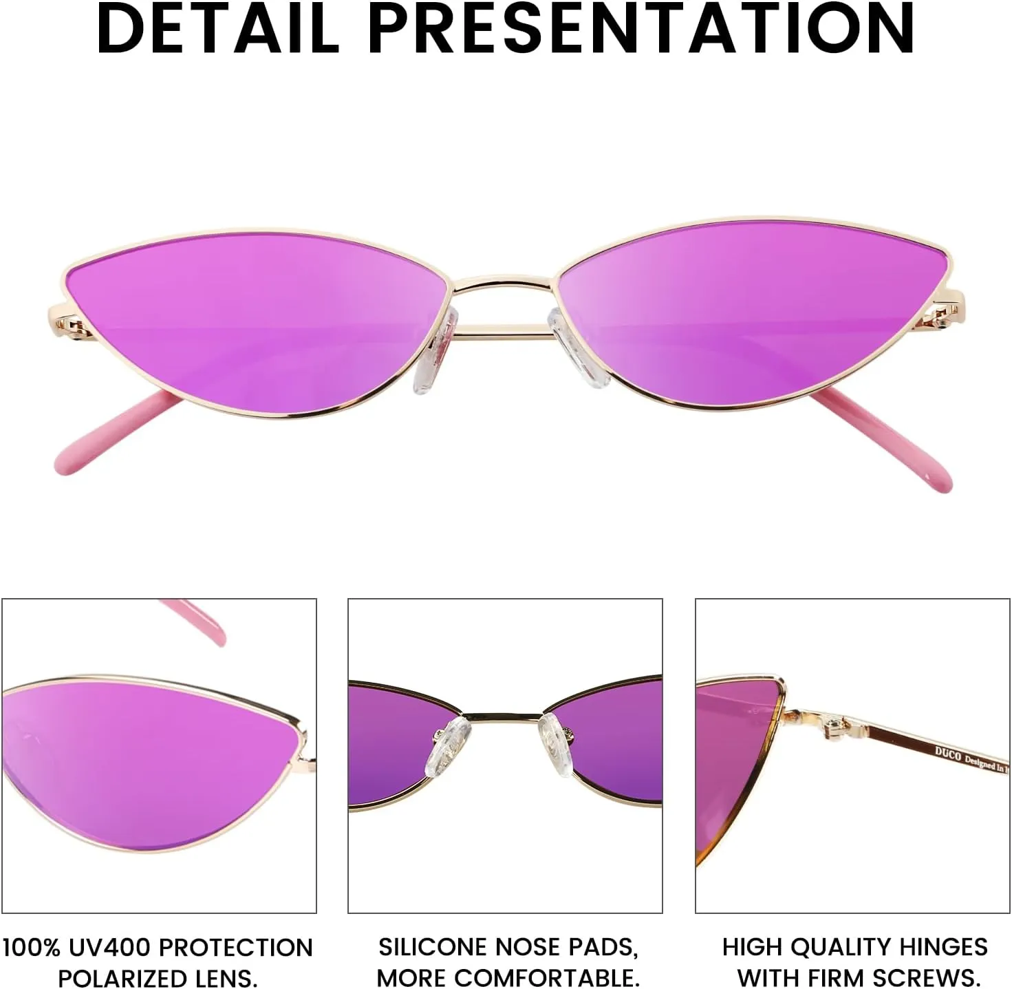 DUCO Vintage Oval Sunglasses for Women Small Triangle Polarized Sun Glasses Metal Frame and UV Protection W019