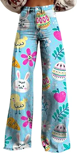 Easter Jeans Women 2025 Mid Rise Barrel Jeans for Women Wide Leg Loose Y2K Baggy Jeans Denim Pants with Pockets