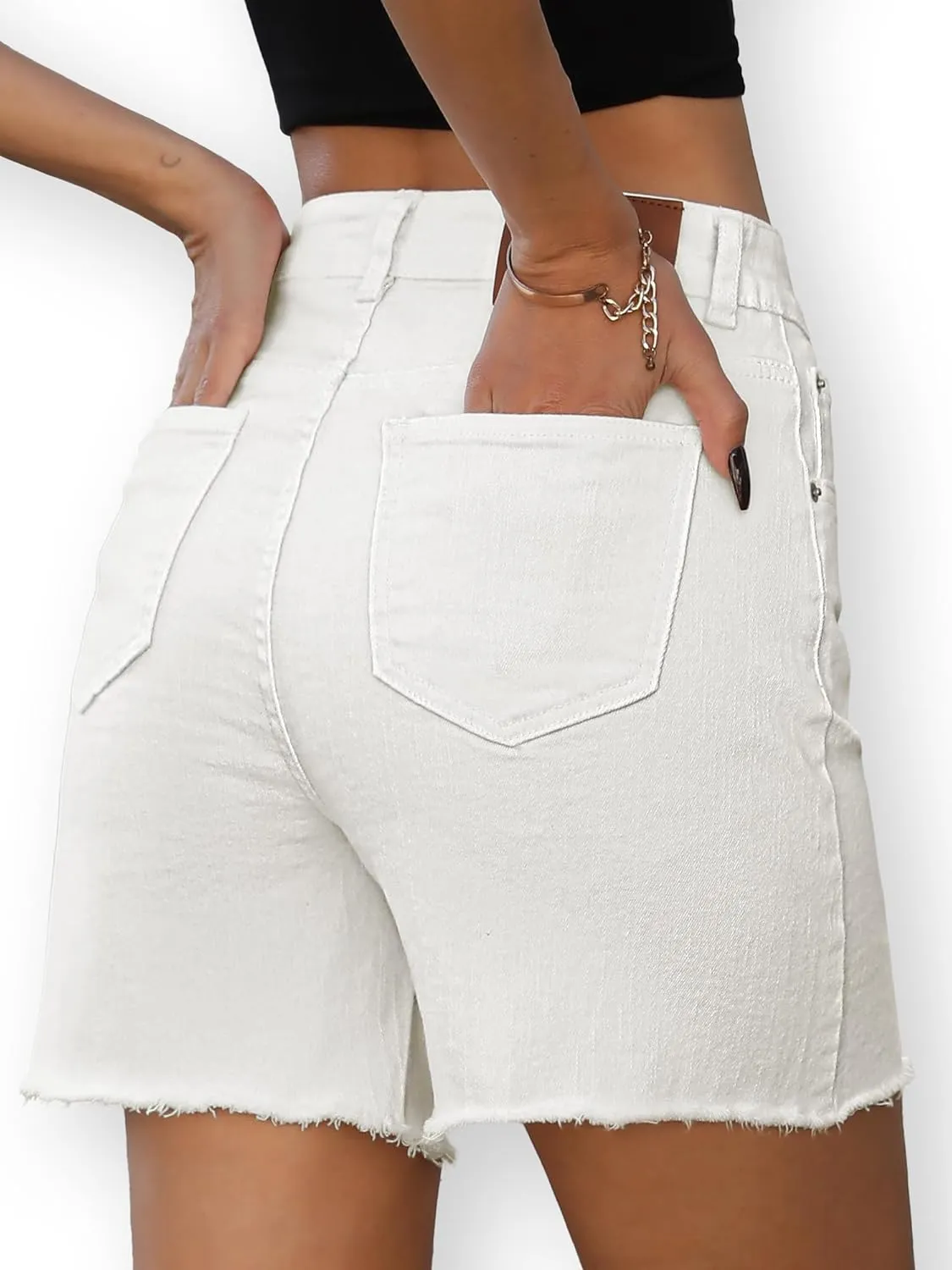 ELLEVEN Women's Raw Hem Jean Shorts, Wide Straight Leg Mom Denim Shorts