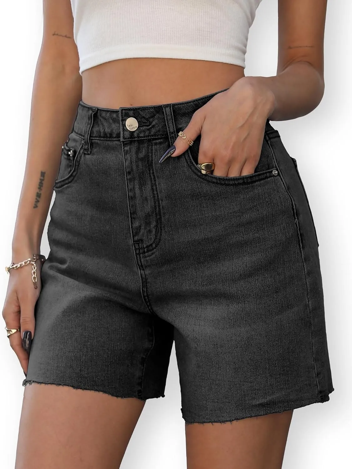 ELLEVEN Women's Raw Hem Jean Shorts, Wide Straight Leg Mom Denim Shorts