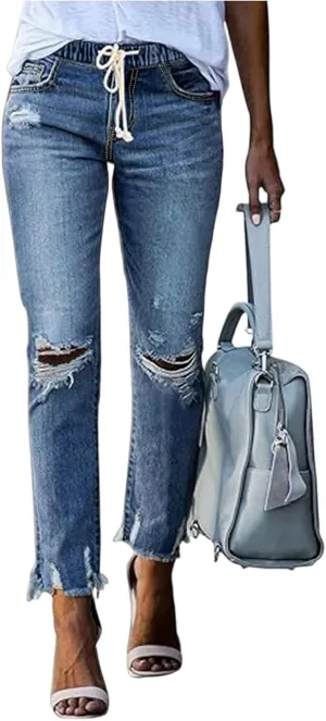 fanmpghleoo Straight Leg Jeans for Women Drawstring Elastic Waist Ripped Skinny Jeans Raw Hem Jeggings Cropped Denim Joggers