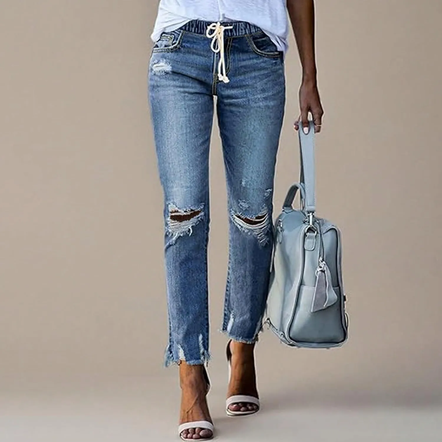 fanmpghleoo Straight Leg Jeans for Women Drawstring Elastic Waist Ripped Skinny Jeans Raw Hem Jeggings Cropped Denim Joggers