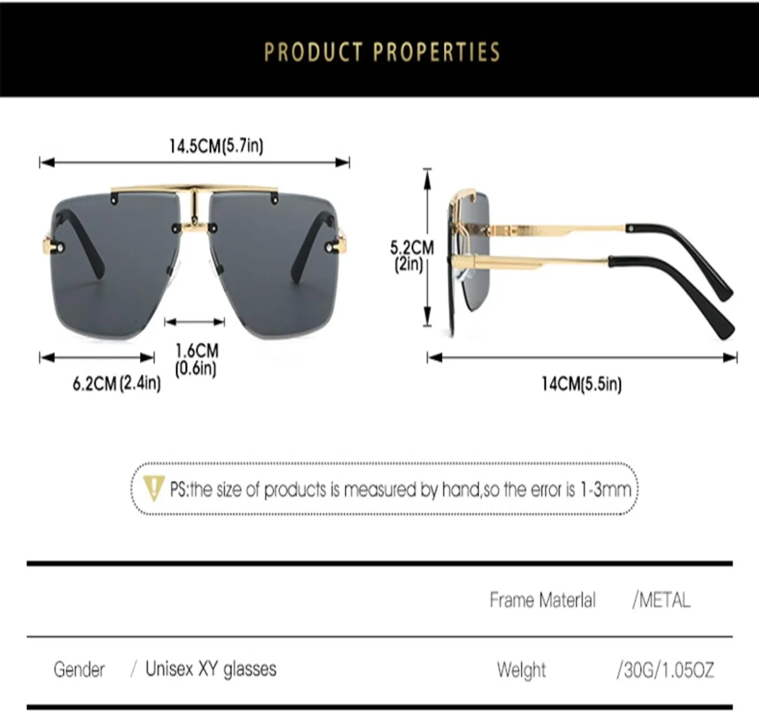 Fashion Men Rimless Sunglasses for Women Metal Frame Uv400