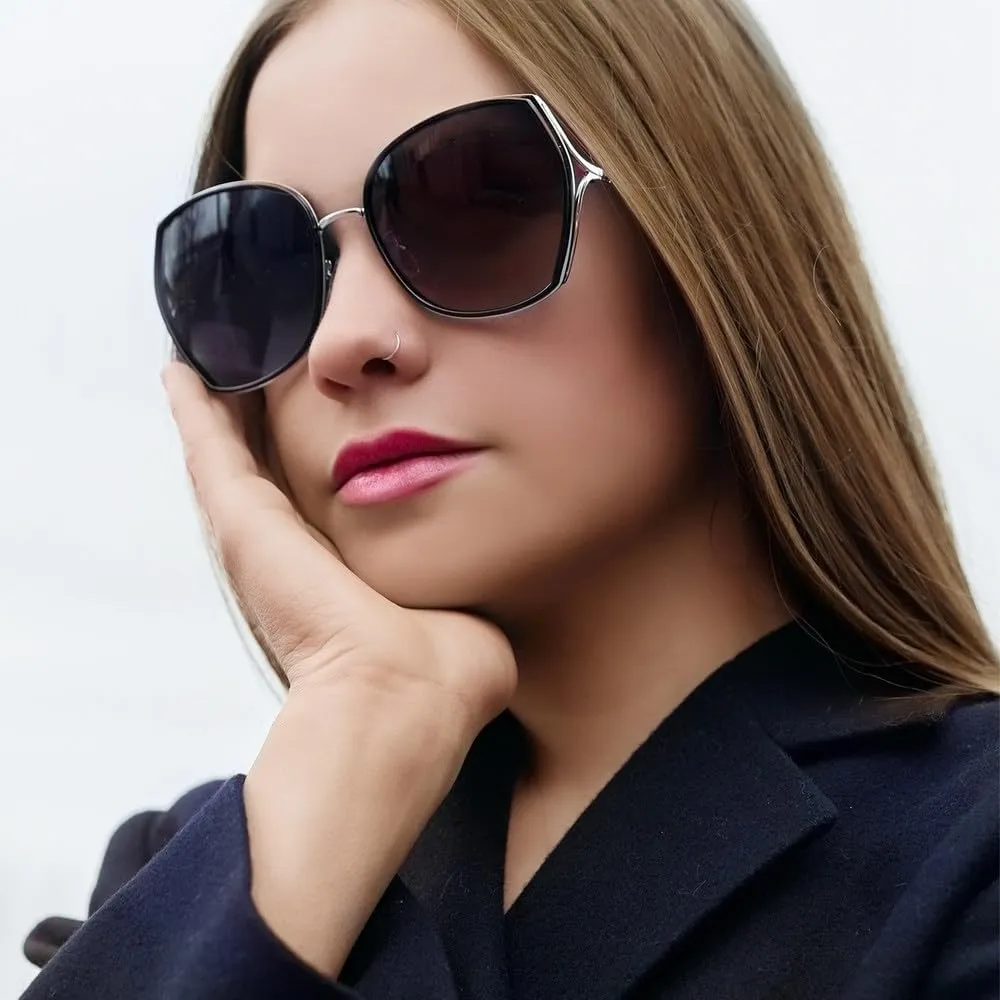 Fashion Oversized Sunglasses Women Geometric Vintage Gradient Shades UV400 Protection Metal Sun Glass