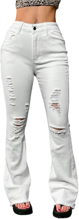 Flare Jeans for Women Ripped High Waisted Raw Hem Bootcut Jeans Stretchy Colombian Design Butt Lifting Denim Pants
