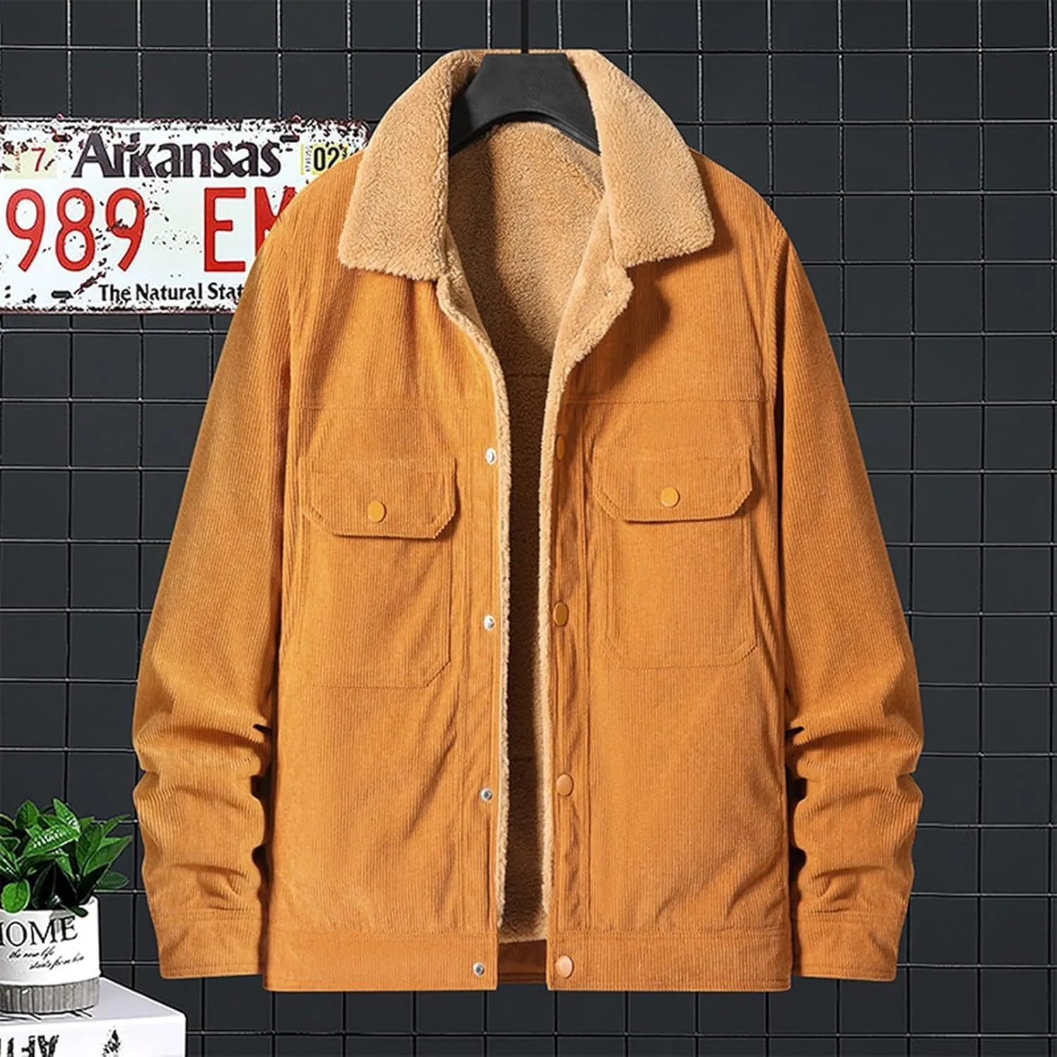 Fleece Lined Jacket Men Oversized Sherpa Jackets Winter Warm Coats Casual Lapel Overcoats Trendy Coat with Pockets