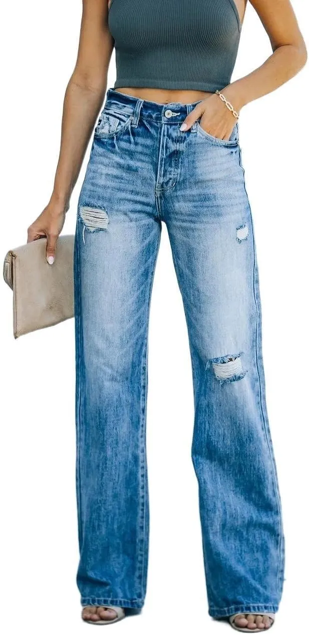 FRMUIC Women's Casual Loose Ripped Denim Pants Distressed Wide Leg Jeans Mid Waisted Flare Jeans Bell Bottom Jeans