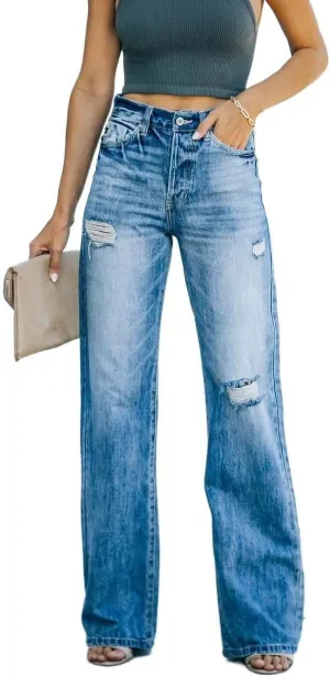 FRMUIC Women's Casual Loose Ripped Denim Pants Distressed Wide Leg Jeans Mid Waisted Flare Jeans Bell Bottom Jeans
