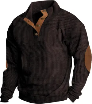 GOFULY Mens Sweatshirts Corduroy Henley Pullover Fashion Stand Collar Butto Down Sweaters Mock Neck Shirts With Elbow Patches