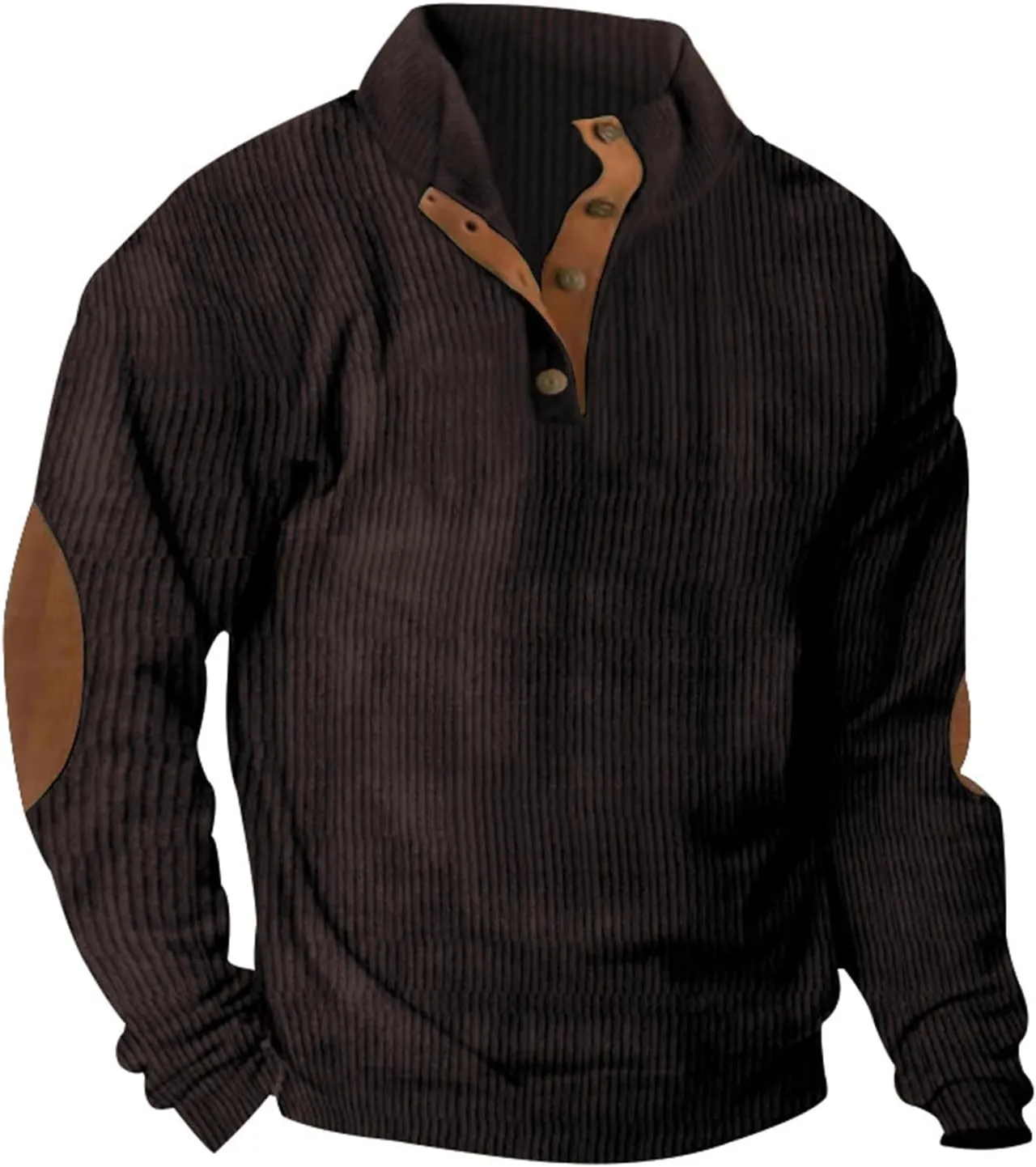 GOFULY Mens Sweatshirts Corduroy Henley Pullover Fashion Stand Collar Butto Down Sweaters Mock Neck Shirts With Elbow Patches